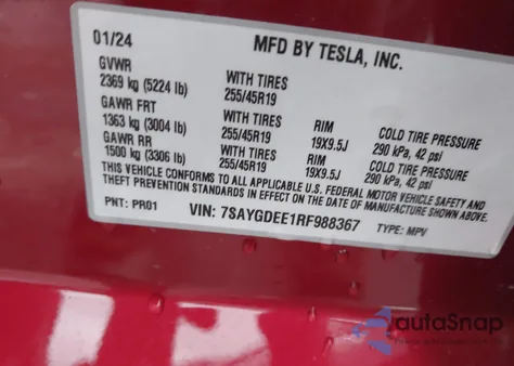 2024 Tesla Model Y Long Range Dual Motor All-Wheel Drive z USA, uszkodzony, nr VIN 7SAYGDEE1RF988367